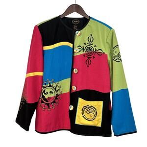 VTG ALLURE Patchwork Celestial Sun Jacket Blazer Size M Art to Wear Eclectic 90s